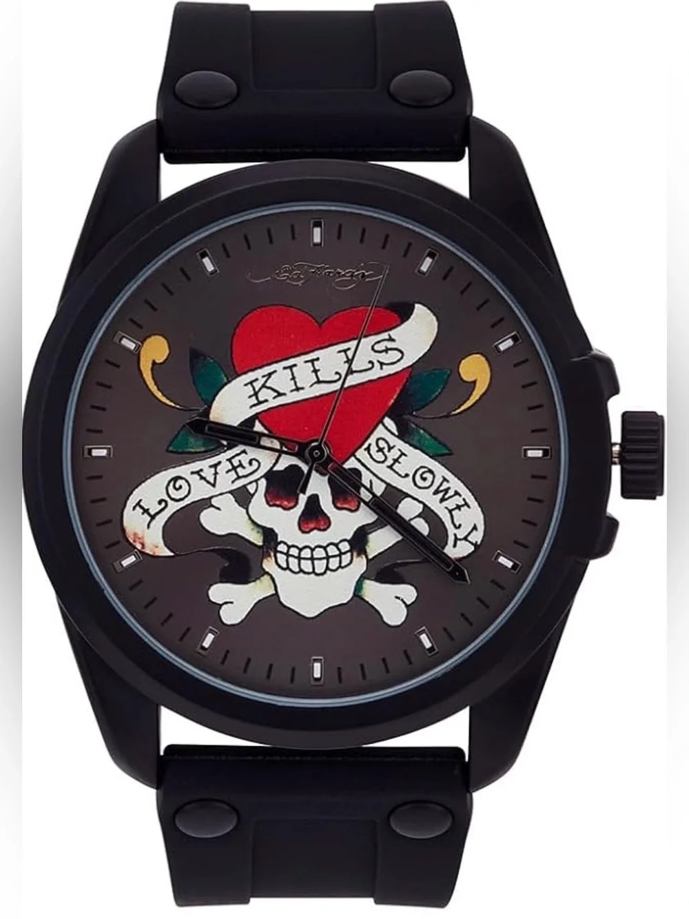 Ed Hardy Men’s Matte Black Silicone Strap Watch 46mm – NIB Love Kills Slowly